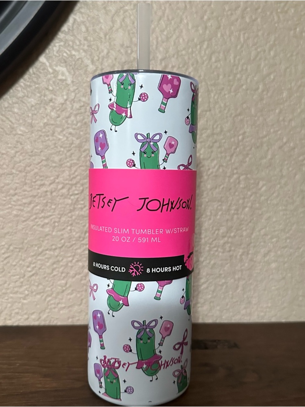 Betsey Johnson pickleball tumbler pink green pickles bows paddles insulated